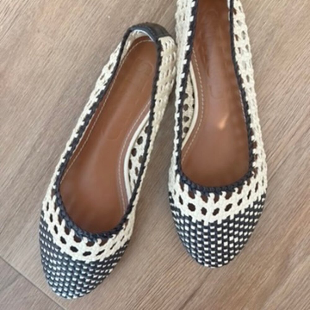 STAUD Black and Cream Woven Ballet Flats